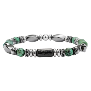 Close-up of men's bracelet with green stone beads, black cylinders, and silver spacers