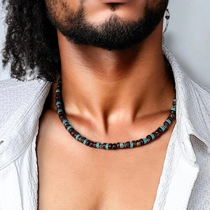 Parure Collier en Perles de Bois Turquoise Bohème Fait Main Pour Hommes Rétro Ethnique Pierre Œil de Tigre Bijoux