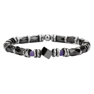 Detailed close-up of beaded bracelet featuring black faceted stones and purple accents