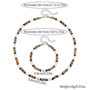 Detail of bohemian wooden bead necklace and bracelet set with size specifications