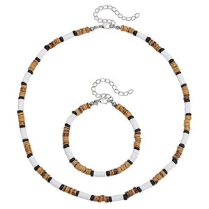 Bohemian Men's Jewelry Set with Brown Wood and White Heishi Beads Necklace and Bracelet