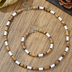 Bohemian heishi wood bead necklace and bracelet set with adjustable lobster clasp