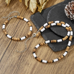 Bohemian men's jewelry set with wood beads and coconut shell necklace and bracelet