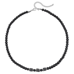 Men's hip hop necklace featuring black matte beads and square volcanic lava stones with silver spacer