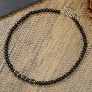 Men's retro beaded necklace with black lava stone and stainless steel chain detail
