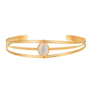 Minimalist gold stainless steel open cuff bracelet featuring an oval cat eye gemstone