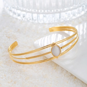 Minimalist Stainless Steel Cuff Bangle For Women Gold Silver Multi-Layer Woven Bracelet With Round White Gemstone Open Adjustable Jewelry