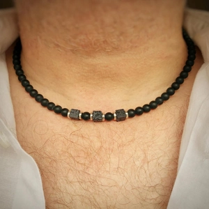 Vintage Men's Handmade Beaded Necklace With Matte Black Stone And Square Lava Stone Punk Hip Hop Adjustable Jewelry Gift