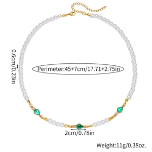 Faux pearl necklace for men with green kite-shaped gemstones and golden hardware