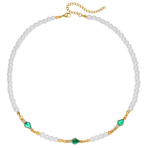 Men's faux pearl necklace with green kite-cut crystals and golden adjustable chain link