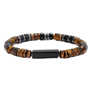 Tiger eye and hematite beaded bracelet with black polished rectangle center piece