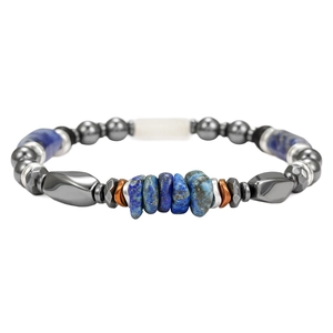 Mens natural lapis lazuli and hematite beaded bracelet with cylindrical stone accents