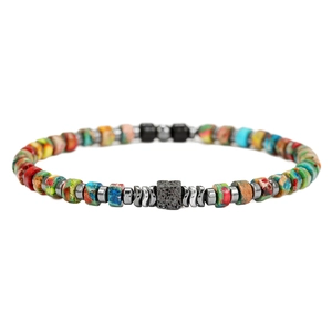 Men's beaded bracelet with imperial jasper, hematite spacers, and black lava stone center