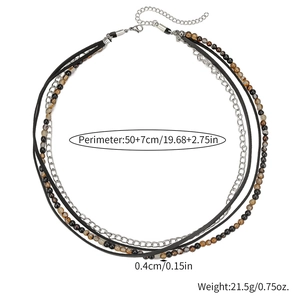 Bohemian multilayer necklace with black beads, silver chain and leather cord details