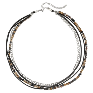 Multi-layer layered black agate and leather chain necklace for men with silver links