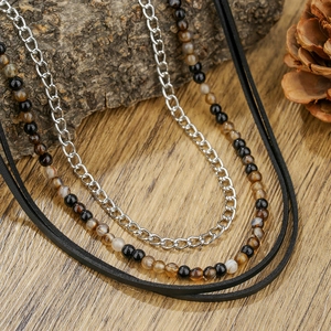 Retro vintage leather chain necklace with black agate beads and silver metal layers