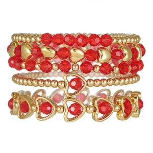 Multi-layer red crystal and gold bead heart charm bracelet set for fashion jewelry