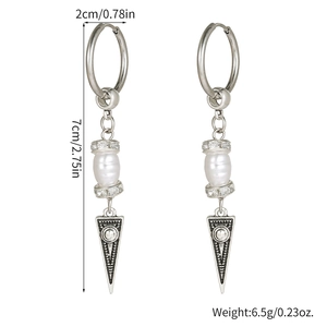 Men's hip-hop punk triangle earrings with lava stone and faux pearl on white background