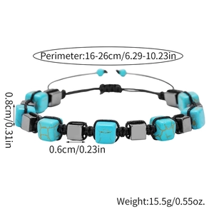 Pulsera de yoga ajustable de turquesa y hematita con cordón trenzado negro