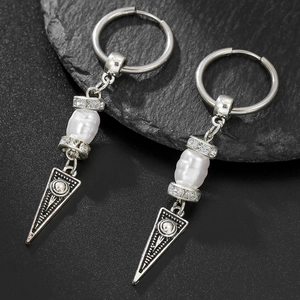 Hip hop punk triangle drop earrings with white pearl and volcanic stone on black rock
