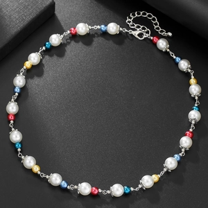 Hip Hop Men Multicolor Imitation Artificial Pearl Beaded Necklace Alloy Spliced Clavicle Chain Jewelry Accessory For Daily Party
