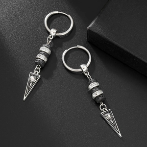 Punk lava rock and pearl triangle earrings in silver stainless steel for men