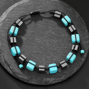 Pulsera de yoga tejida ajustable con cuentas de turquesa azul y piedra hematita gris