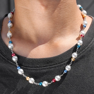 Men's hip hop colorful imitation pearl necklace with silver alloy spacers worn on black tee