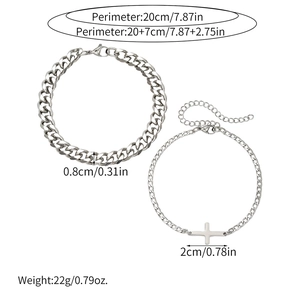 Double-layered stainless steel Cuban link and cross bracelet set with size measurements