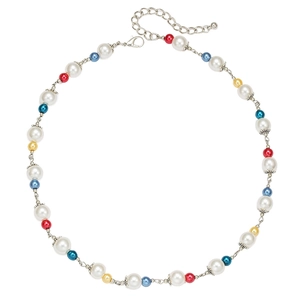 Detail of colorful beads and white pearls on chain with lobster clasp and extender