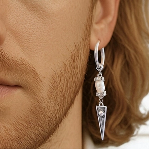 Men Vintage Punk Stainless Steel Pendant Earrings With Faux Artificial Pearl Volcanic Stone Triangle Charm Hip Hop Rock Jewelry