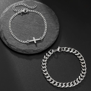 Double-layered stainless steel Cuban link and cross pendant bracelet set for men