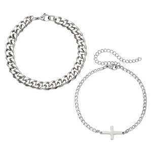 Silver stainless steel double-layered Cuban link bracelet set with cross charm