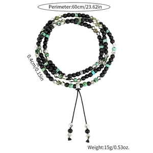 Men's multi-layer black matte beads and green turquoise stone wrap bracelet with tassels