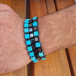 Pulsera de Cuentas de Piedra Turquesa Hematita Cuadrada Vintage Para Hombres Mujeres Cordón Tejido a Mano Ajustable Joyería