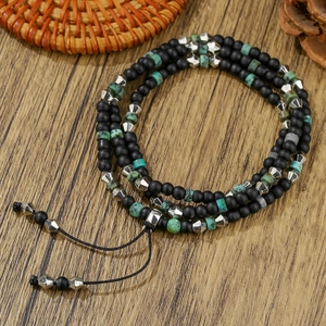 Retro multi-layer wrap bracelet for men with black matte beads and turquoise accents