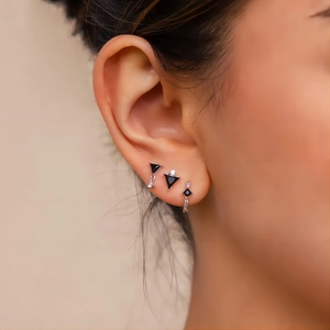 3pcs set of silver geometric earrings featuring black stones and micro-inlaid diamonds