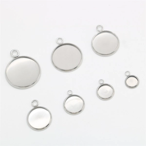 Polished stainless steel round blank pendant trays in various sizes for DIY jewelry