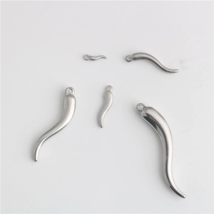 Five assorted sizes of polished stainless steel chili horn pendants for DIY jewelry