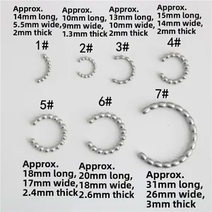 Size chart for stainless steel moon-shaped pendants showing 7 different silver metal sizes