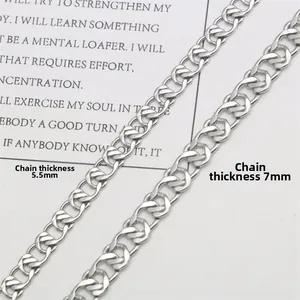 Detail view of 5.5mm and 7mm stainless steel hollow heart NK twist chains in silver