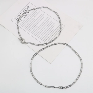Collar de cadena de clip plateado pulido con cierre OT y mosquetón sobre una tarjeta