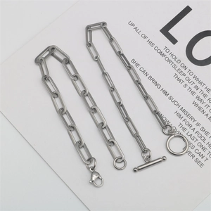 Halskette und Armband-Set aus silbernem Edelstahl mit Büroklammerkette und T-Verschluss