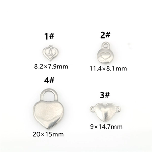 Detailed view of stainless steel heart pendants in four sizes with precise dimensions