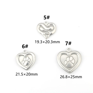 Polished stainless steel heart charms with wave texture and animal paw print engraving