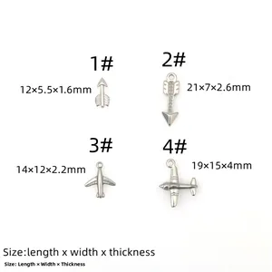 Size chart showing dimensions for stainless steel plane and dagger jewelry pendants