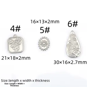 Size chart for stainless steel pendants showing length, width, and thickness dimensions