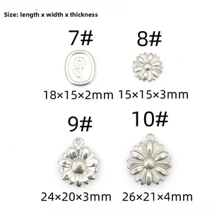 Size chart for stainless steel daisy and clover charms showing dimensions in millimeters