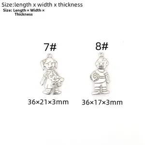 Detailed view of stainless steel boy and girl charms with size measurements for DIY jewelry