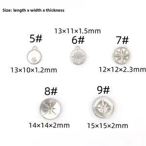 Size chart showing stainless steel star pendants in five sizes with precise dimensions